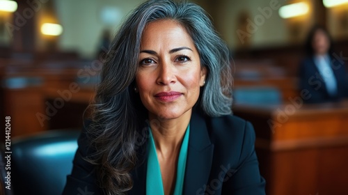 Wallpaper Mural A poised woman sits confidently in a courthouse, embodying strength and professionalism while engaging with her surroundings. The background suggests a legal context with authority. Torontodigital.ca