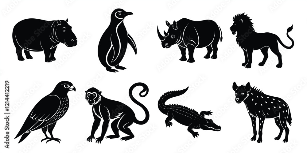Fototapeta premium Wild animals silhouette set. Wildlife animals vector illustration
