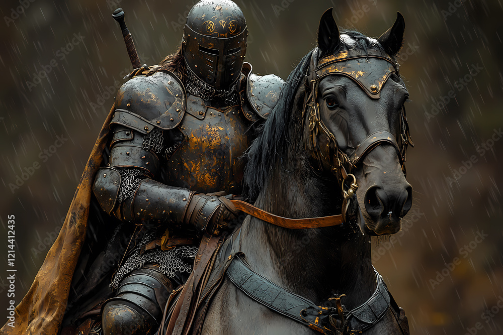 A knight in full armor mounted on a majestic warhorse, ready for battle. The scene is dramatic and charged with energy A knight in full armor mounted on a majestic warhorse, ready for battle. The scene is dramatic and charged with energy
