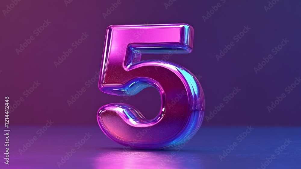 Glossy number five reflecting purple and blue hues under vibrant neon lighting Glossy number five reflecting purple and blue hues under vibrant neon lighting