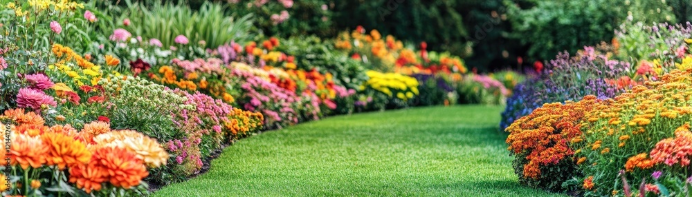 Obraz premium Colorful flower garden border, green lawn, summer. Website banner