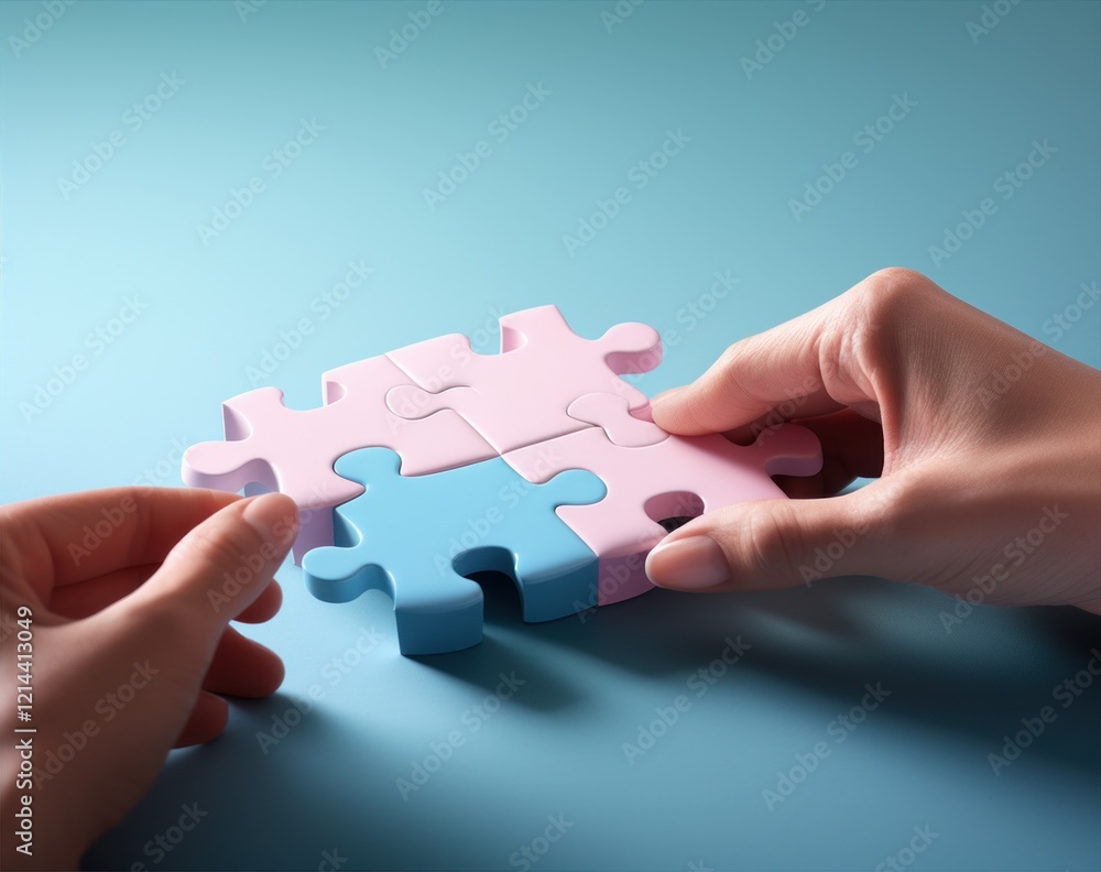 Hands Connecting a Pink and Blue Puzzle Piece in a Collaborative Concept for Engaging Partnerships. Teamwork Hands Connecting a Pink and Blue Puzzle Piece in a Collaborative Concept for Engaging Partnerships. Teamwork