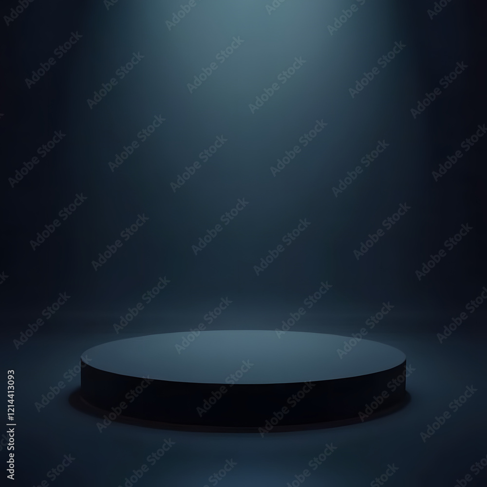 A dark podium with a glowing backdrop and a reflective surface forms A dark podium with a glowing backdrop and a reflective surface forms