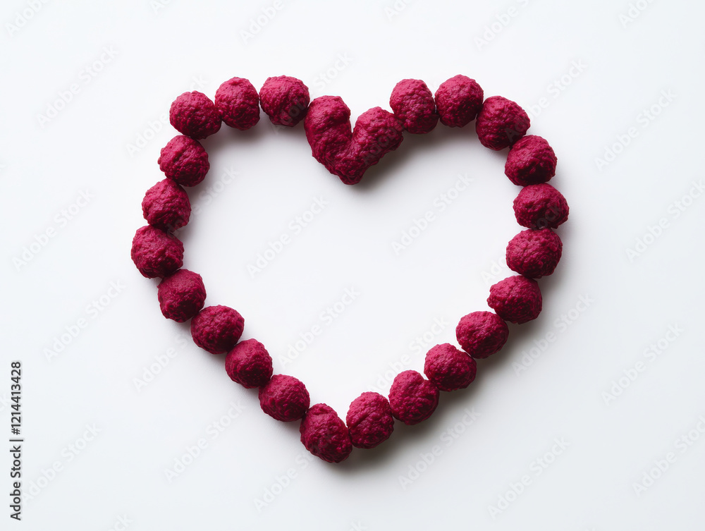 Heart shaped design made of deep ruby red textured spheres on white background Heart shaped design made of deep ruby red textured spheres on white background