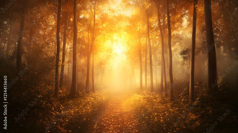 Naklejka premium Golden Autumn Forest Path Misty Sunlight Fall Trees