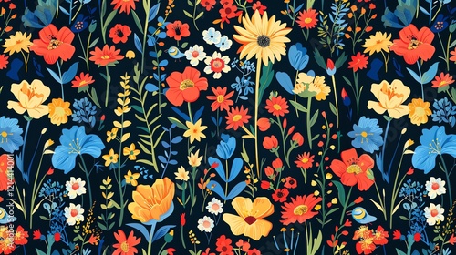 Wallpaper Mural A vibrant and whimsical floral pattern with a variety of flowers and leaves in bright colors, creating a cheerful and playful feel. Torontodigital.ca