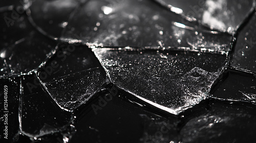 Close-up of broken glass shards with reflections and bokeh background, detailed illustration of broken glass with sharp edges and fragile texture photo