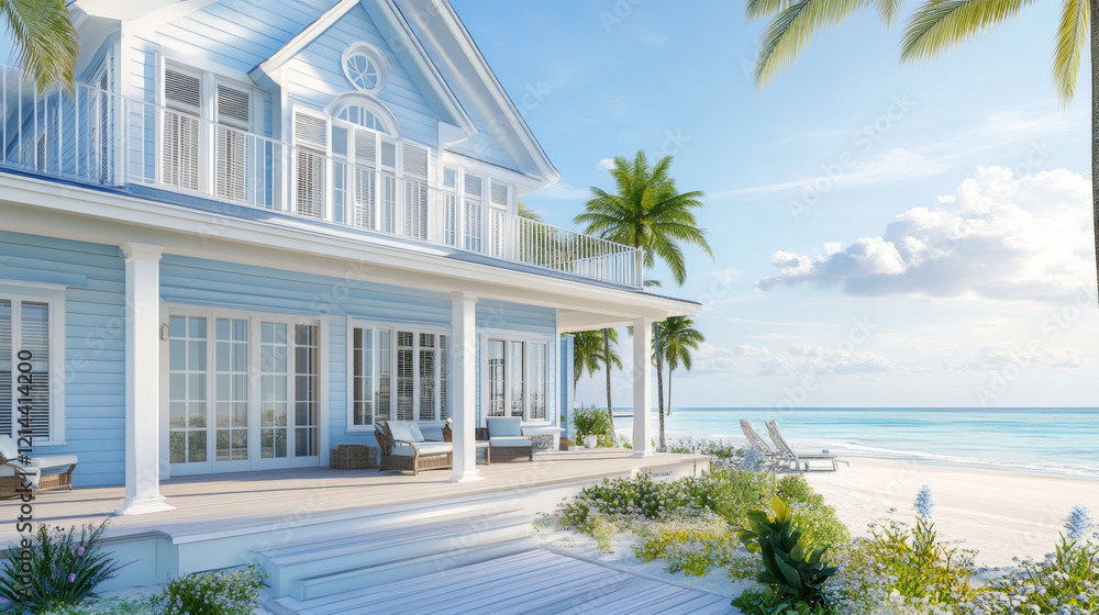 Elegant coastal home exterior with light blue paneling, surrounded by palm trees and sandy beach. serene atmosphere invites relaxation and tranquility Elegant coastal home exterior with light blue paneling, surrounded by palm trees and sandy beach. serene atmosphere invites relaxation and tranquility