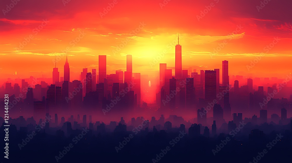 Fiery sunrise cityscape, hazy skyline, urban panorama, morning Fiery sunrise cityscape, hazy skyline, urban panorama, morning