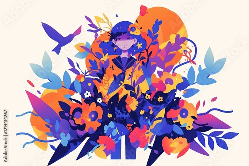 Schoolgirl amidst vibrant floral nature scene with birds, abstract background, suitable for educational content