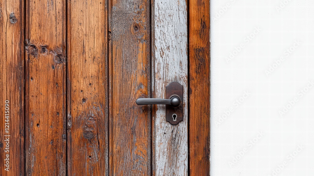 Rustic Door Handle: A close-up view of an aged wooden door with a worn, black metal handle, revealing the passage of time and the stories it holds. Rustic Door Handle: A close-up view of an aged wooden door with a worn, black metal handle, revealing the passage of time and the stories it holds.
