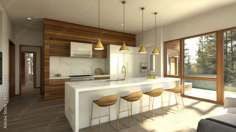Modern kitchen with white stone counters, wooden accents, and stylish lighting. open layout features spacious island with seating, creating warm and inviting atmosphere Modern kitchen with white stone counters, wooden accents, and stylish lighting. open layout features spacious island with seating, creating warm and inviting atmosphere