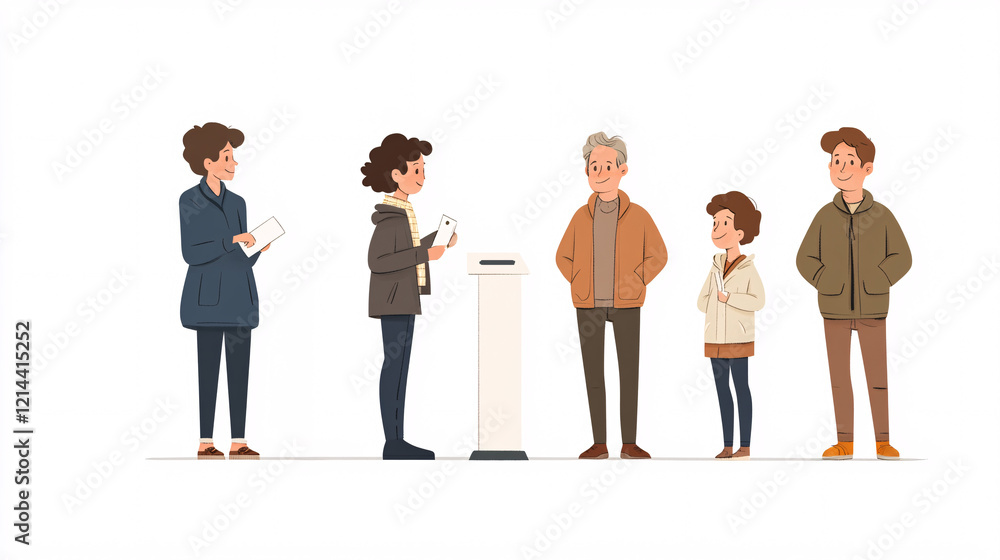 Obraz premium Cartoon-like illustration of a group of people standing in a queue, voting and participating in social interactions to emphasize community, participation and diversity
