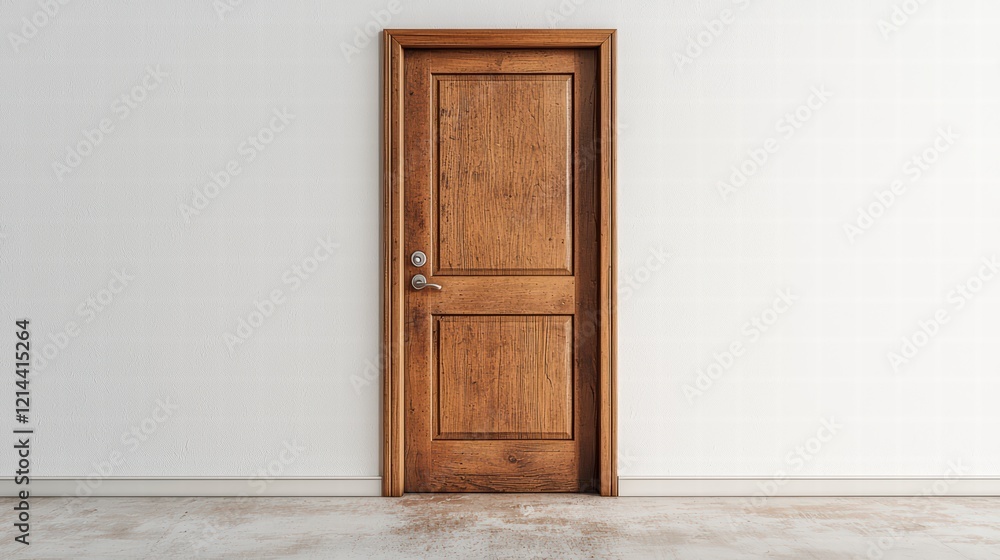 A Simple Doorway: A classic wooden door with a simple design stands alone, its warm brown color contrasting against the smooth gray wall behind it. The door invites intrigue. A Simple Doorway: A classic wooden door with a simple design stands alone, its warm brown color contrasting against the smooth gray wall behind it. The door invites intrigue.