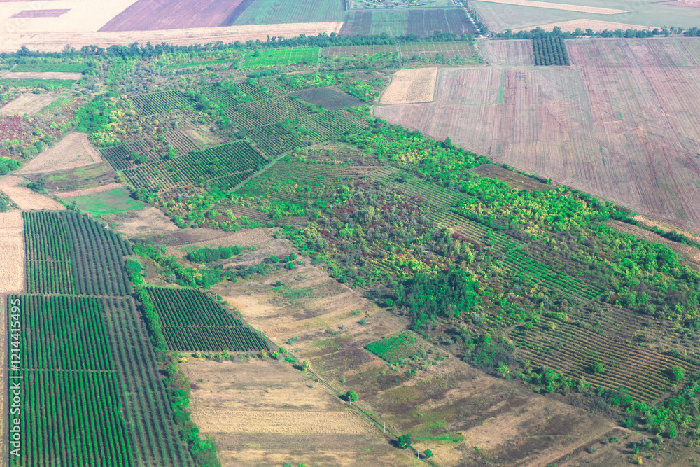 Patchwork of agricultural fields and forested areas view from above, harvested fallow fields. Cultivated land and natural vegetation highlights diverse land use and management practices in the region