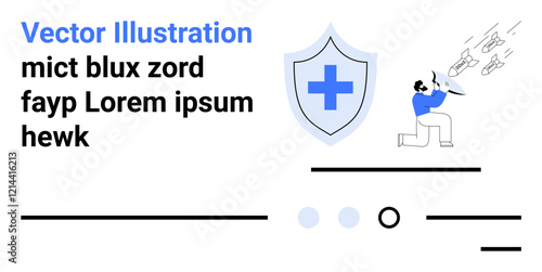 Shield with cross symbol, person fending off threats, minimalistic text, progress indicators, defense mechanisms. Ideal for cybersecurity, data protection, online safety, technology, web security