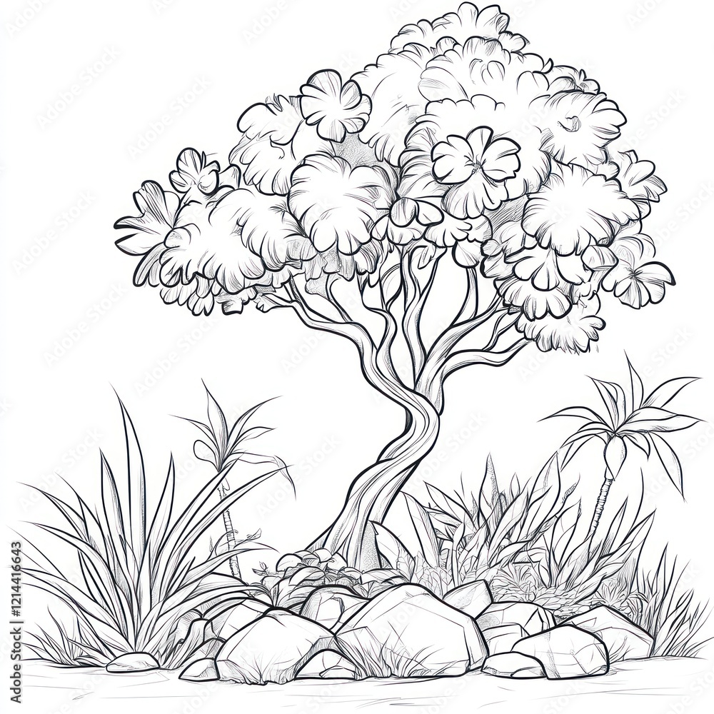 Fototapeta premium A Sketch of a Tropical Tree and Rocks