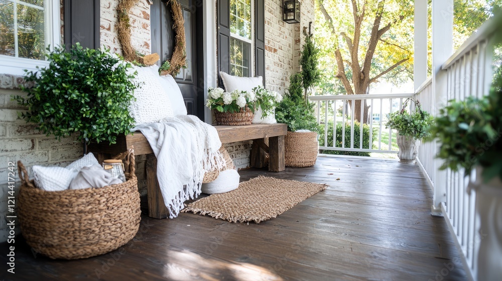 Fototapeta premium Cozy porch, spring decor, home exterior, relaxing scene, lifestyle blog