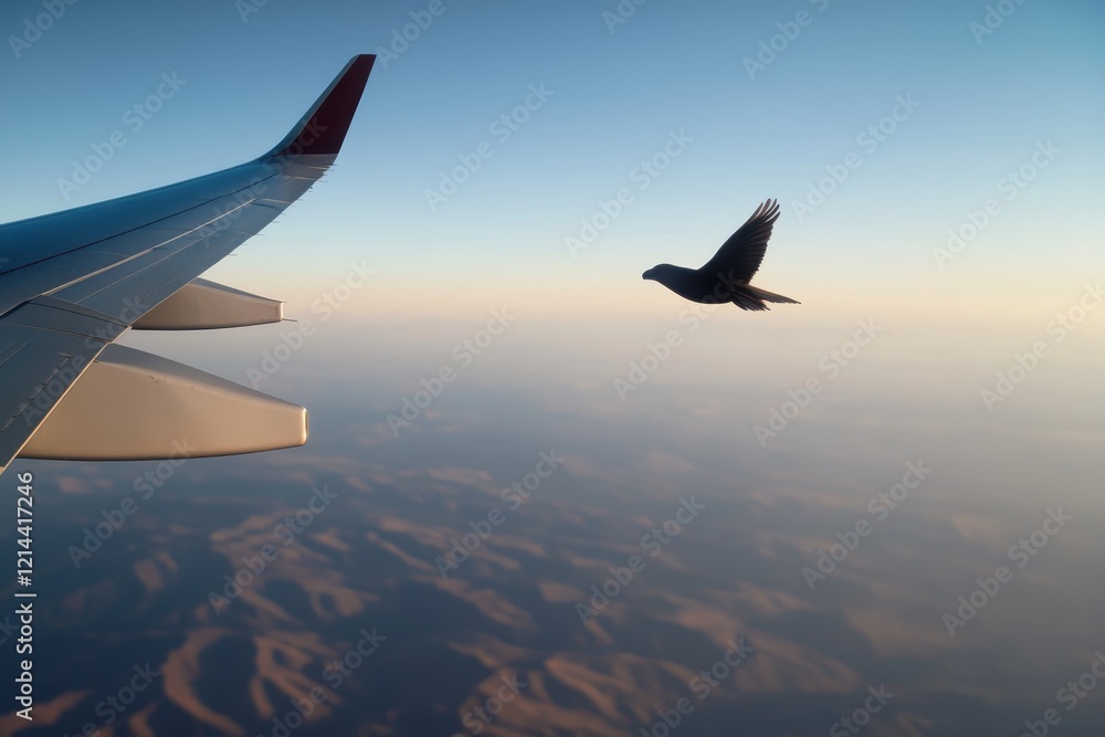 Fototapeta premium Bird flying near airplane wing against backdrop of mountains during daylight hours