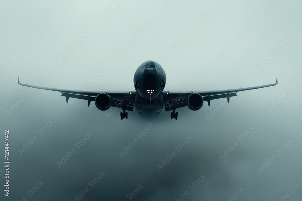 Aircraft approaching landing through foggy conditions at an airport during early morning hours Aircraft approaching landing through foggy conditions at an airport during early morning hours