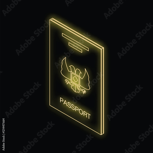 Golden neon passport glowing on a black background, representing international travel and identity
