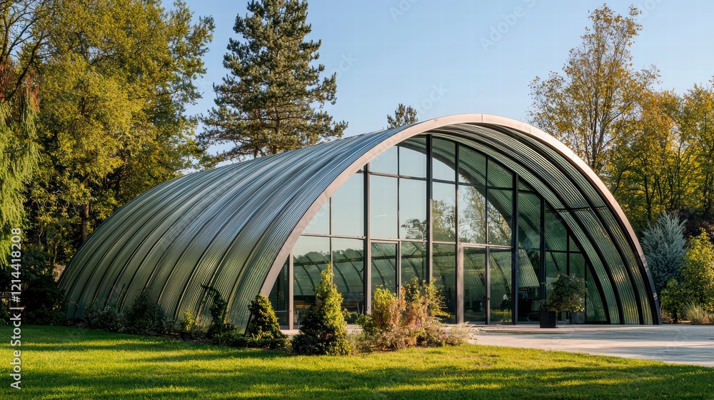 Modern Arched Greenhouse: A sleek, modern greenhouse with a distinctive arched design, framed by lush greenery and showcasing a minimalist. Modern Arched Greenhouse: A sleek, modern greenhouse with a distinctive arched design, framed by lush greenery and showcasing a minimalist.