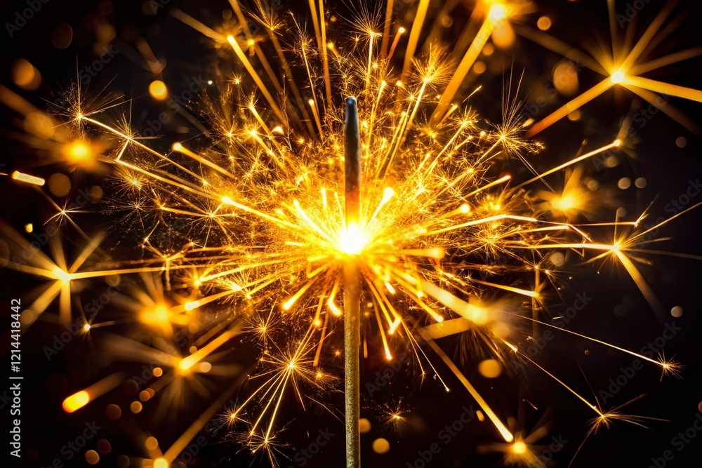 Obraz premium Macro Photo of Burning Golden Sparkler Shaped as Number Five on Black Background
