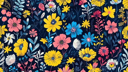 Wallpaper Mural A floral pattern with bright, colorful flowers on a dark blue background. Torontodigital.ca