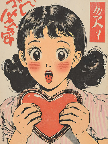 Retro Japanese Pop Art illustration of a girl holding a heart-shaped object with a surprised expression, vibrant and playful vintage art photo