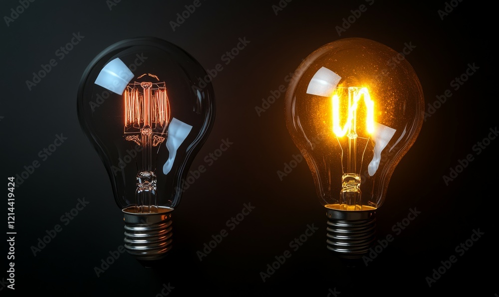 Comparison between incandescent and LED light bulbs on dark background, high angle view Comparison between incandescent and LED light bulbs on dark background, high angle view