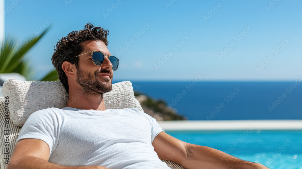 Relaxing man in sunglasses lounging by pool under sun Relaxing man in sunglasses lounging by pool under sun