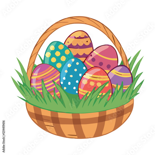 A woven Easter basket filled with colorful, decorated eggs, vector illustration