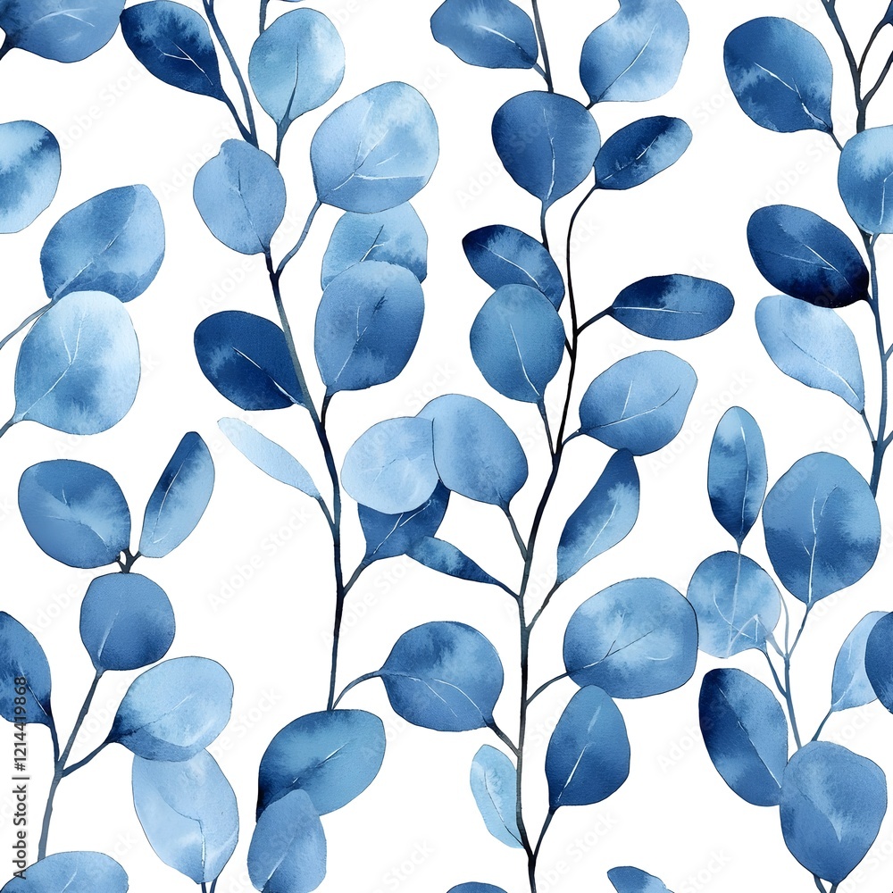 A seamless pattern of blue eucalyptus branches painted in watercolor on a white background A seamless pattern of blue eucalyptus branches painted in watercolor on a white background