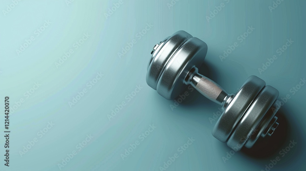 Shiny metal adjustable dumbbell top view image copy space, ai generated. Heavy sports inventory on blue banner background. Enjoying athletic activity in gym concept photography copyspace Shiny metal adjustable dumbbell top view image copy space, ai generated. Heavy sports inventory on blue banner background. Enjoying athletic activity in gym concept photography copyspace