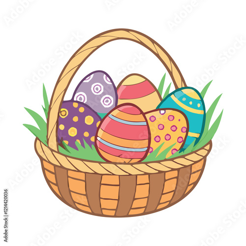 A woven Easter basket filled with colorful, decorated eggs, vector illustration