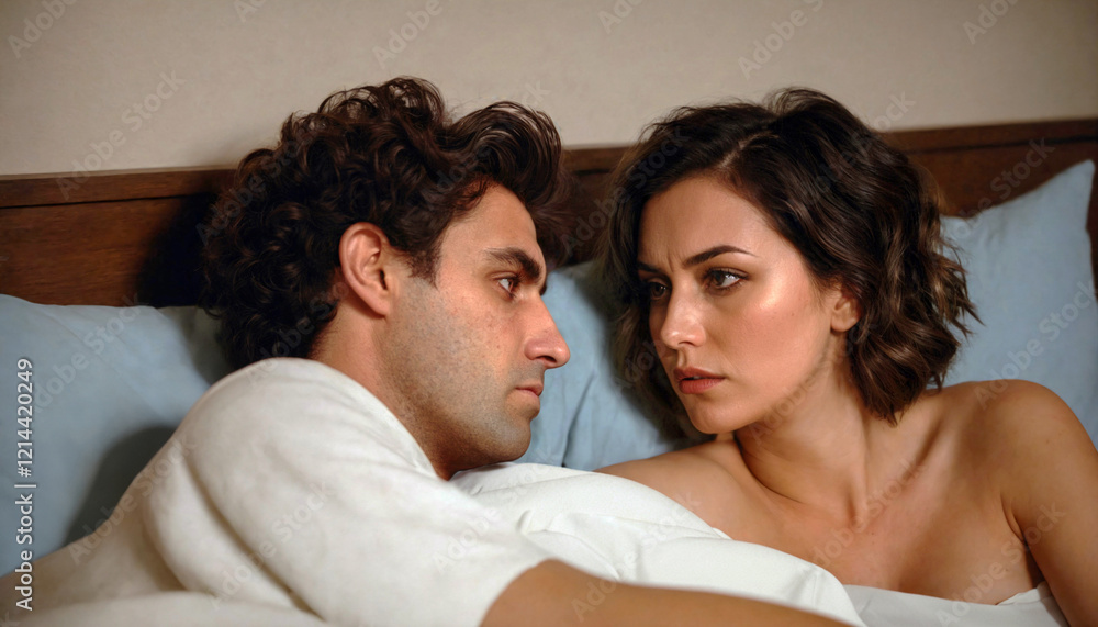 Frustrated couple arguing in the bedroom background because of an argument above with fight, disagreement or erectile dysfunction at home Frustrated couple arguing in the bedroom background because of an argument above with fight, disagreement or erectile dysfunction at home