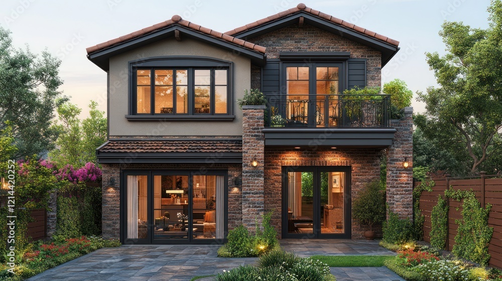 Suburban stone house twilight exterior backyard Suburban stone house twilight exterior backyard