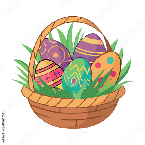 A woven Easter basket filled with colorful, decorated eggs, vector illustration