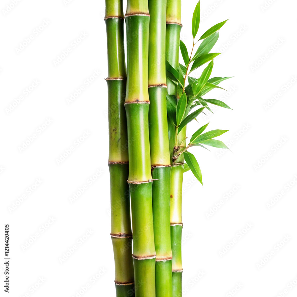 Obraz premium Vibrant Green Bamboo Stalks and Lush Leaves Against a White Background