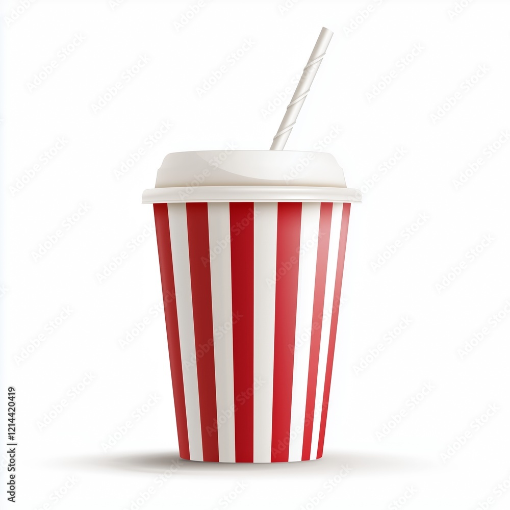A realistic illustration of a red and white striped disposable cup with a white lid and straw, featuring a glossy surface and set against a clean white background. A realistic illustration of a red and white striped disposable cup with a white lid and straw, featuring a glossy surface and set against a clean white background.