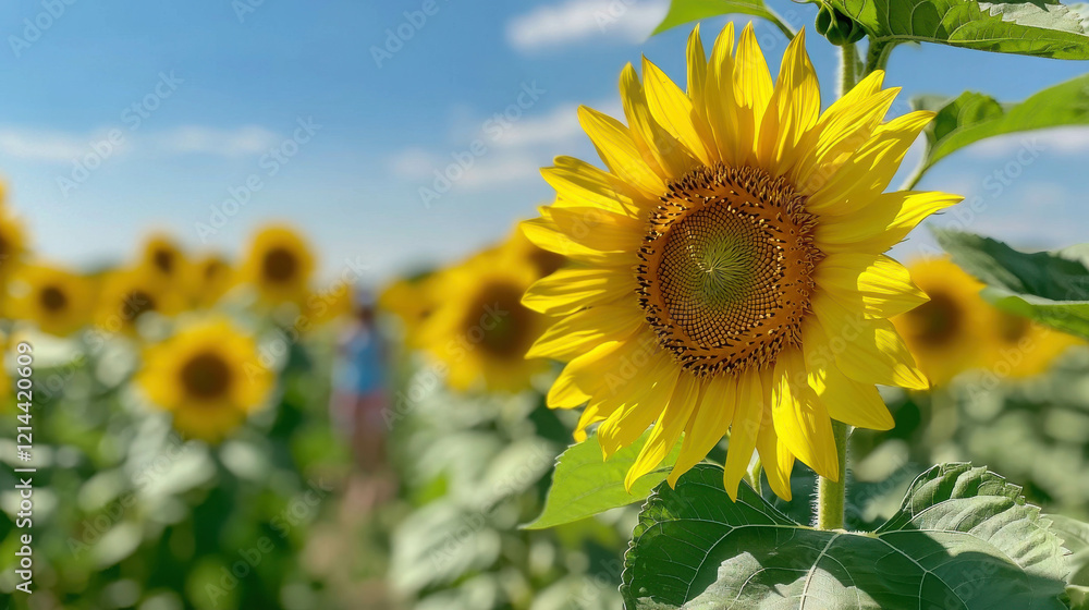 Vibrant Sunflower in a Field on a Clear Sunny Day with Blue Sky and Soft Clouds Vibrant Sunflower in a Field on a Clear Sunny Day with Blue Sky and Soft Clouds