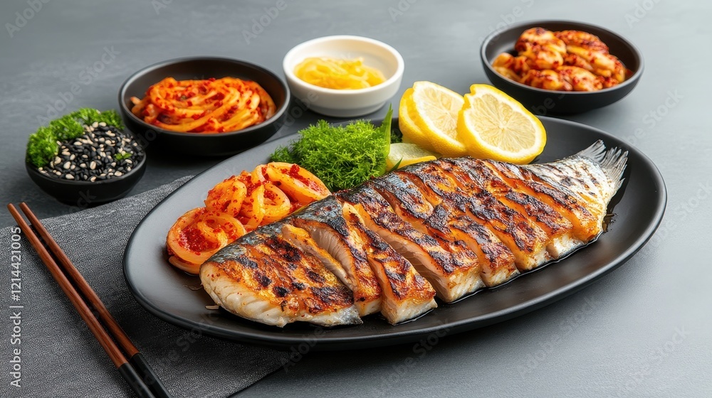 Grilled Fish Platter with Lemon Slices and Assorted Korean Side Dishes Including Pickled Vegetables and Spicy Seafood for a Delicious Culinary Experience Grilled Fish Platter with Lemon Slices and Assorted Korean Side Dishes Including Pickled Vegetables and Spicy Seafood for a Delicious Culinary Experience