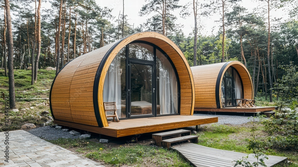 Escape to Tranquility: Two charming, modern wooden cabins nestled in a serene forest setting, offering a peaceful retreat for those seeking nature's embrace. Escape to Tranquility: Two charming, modern wooden cabins nestled in a serene forest setting, offering a peaceful retreat for those seeking nature's embrace.