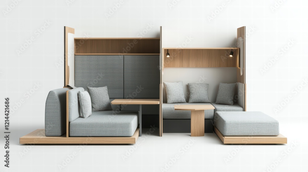 Modular Sofa System: A contemporary modular sofa system in light gray fabric and natural wood, showcasing clean lines, flexible configuration and built-in shelving for a versatile living space. 