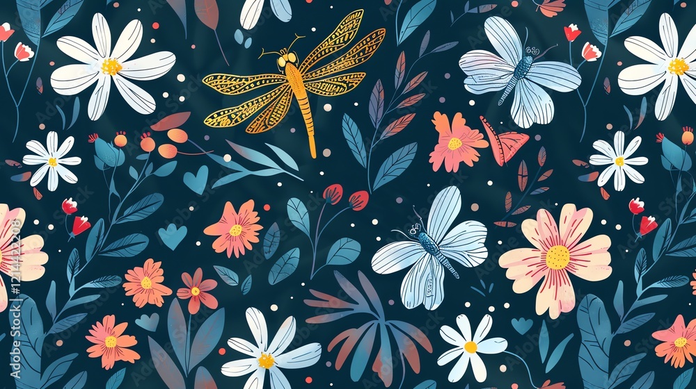 A seamless pattern of colorful flowers and butterflies on a dark blue background. A seamless pattern of colorful flowers and butterflies on a dark blue background.