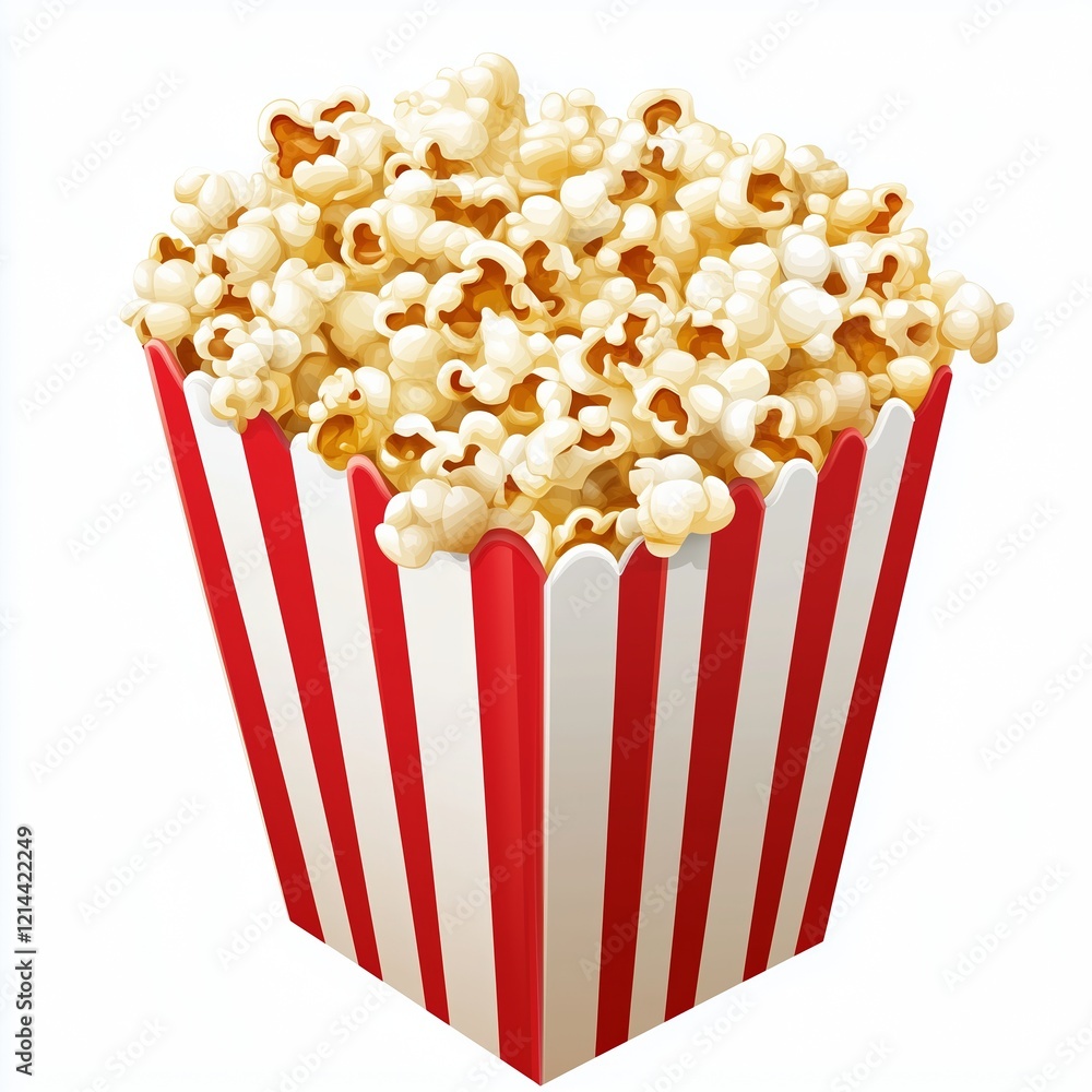 A realistic illustration of a red-and-white striped popcorn box overflowing with fluffy popcorn, set against a white background with high clarity and detailed texture. A realistic illustration of a red-and-white striped popcorn box overflowing with fluffy popcorn, set against a white background with high clarity and detailed texture.