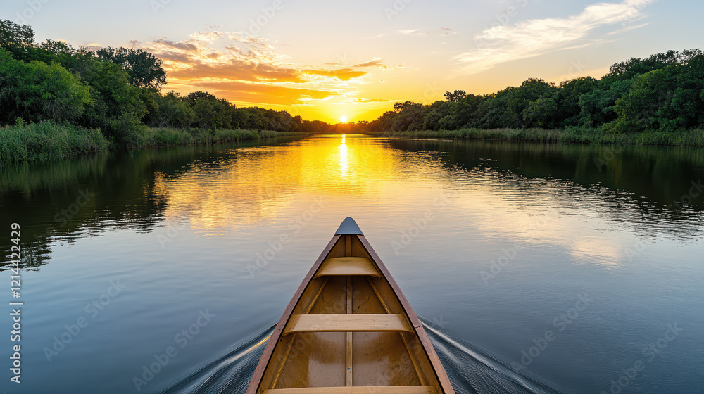 peaceful river with small boat gliding at sunset, reflecting nature beauty peaceful river with small boat gliding at sunset, reflecting nature beauty