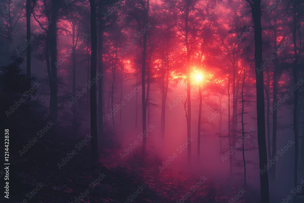 Fototapeta premium A mystical forest at sunset bathed in deep amethyst hues. The scene captures the enchanting glow of twilight with vibrant purple tones