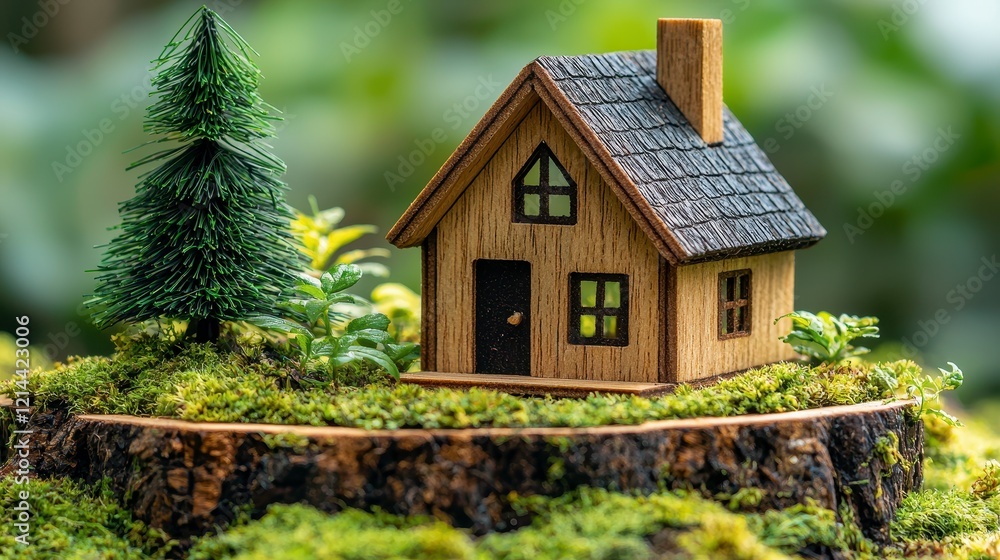Miniature wooden house on moss-covered tree stump with small tree. Miniature wooden house on moss-covered tree stump with small tree.