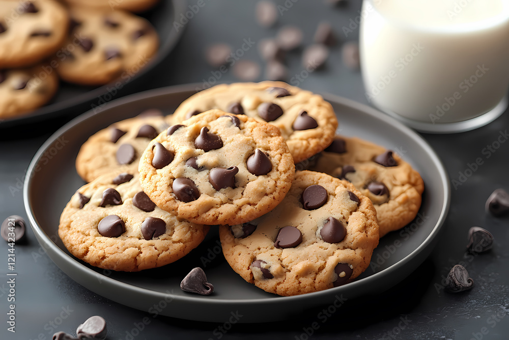 A plate of homemade chocolate chip cookies with a glass of milk, symbolizing nostalgia and sweetness A plate of homemade chocolate chip cookies with a glass of milk, symbolizing nostalgia and sweetness